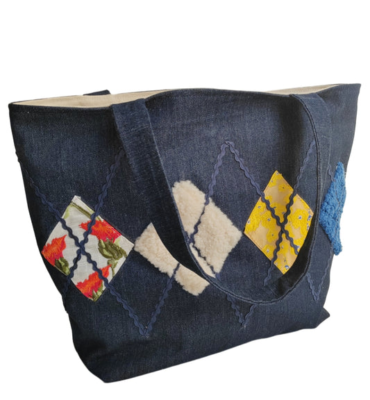 RS Enjoy Life Tote Shoulder Patchwork Embroidery Linen Jean Denim Leisure Casual Shopping Bag for Grocery Travel Beach Gift Handbag Handles with Floral Pattern(Embroidery Patchwork, Wider Size)