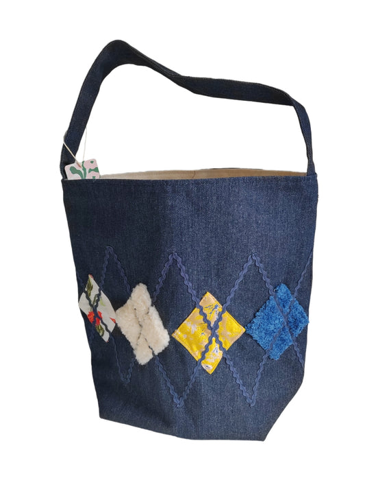 RS Enjoy Life Tote Shoulder Patchwork Embroidery Linen Jean Denim Leisure Casual Shopping Bag for Grocery Travel Beach Gift Handbag Handles with Floral Pattern(Embroidery Patchwork, Standard Size)