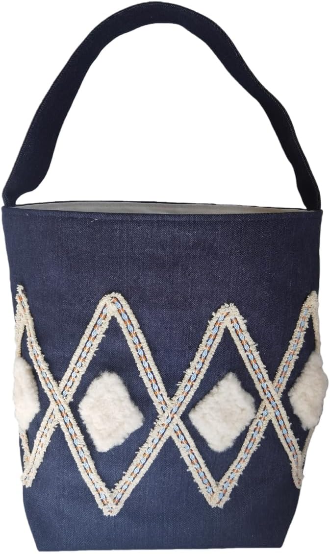 RS Enjoy Life Tote Shoulder Patchwork Embroidery Linen Casual Shopping Bag for Grocery Travel Beach Gift (Concise Patchwork, Standard Size)