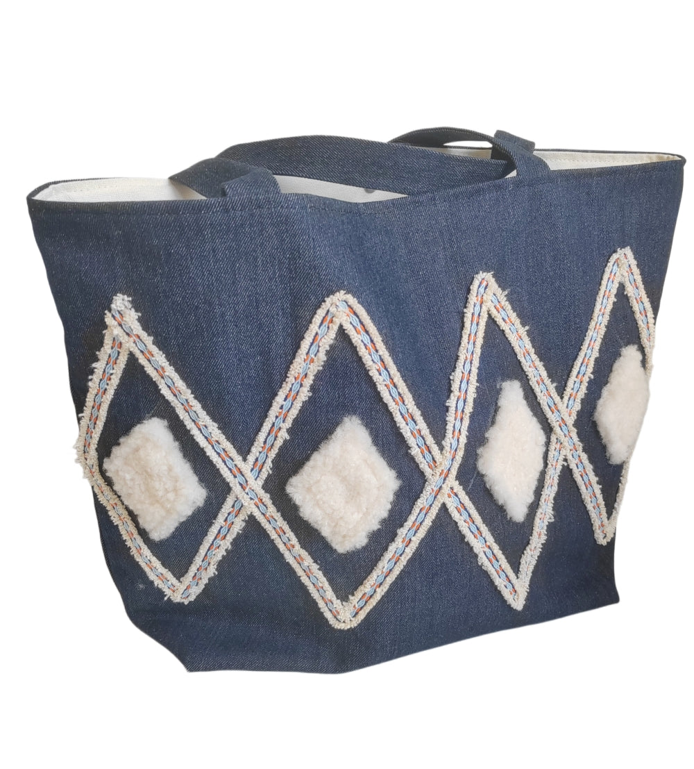 RS Enjoy Life Tote Shoulder Patchwork Embroidery Linen Jean Denim Casual Shopping Quality Bag for Grocery Travel Beach Gift (Concise Patchwork, Wider Size)