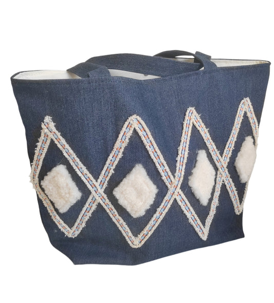 RS Enjoy Life Tote Shoulder Patchwork Embroidery Linen Jean Denim Casual Shopping Quality Bag for Grocery Travel Beach Gift (Concise Patchwork, Wider Size)
