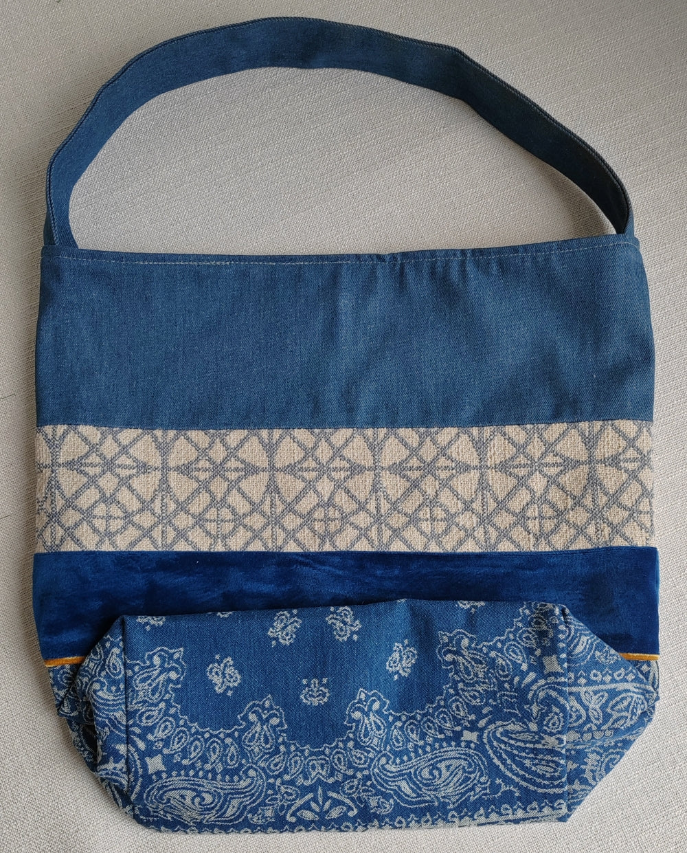 RS Enjoy Life Tote Shoulder Patchwork Embroidery Linen Jean Denim Leisure Casual Shopping Bag for Grocery Travel Beach Gift Handbag Handles with Floral Pattern(Quality Concise, Standard Size)