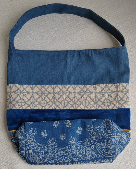 RS Enjoy Life Tote Shoulder Patchwork Embroidery Linen Jean Denim Leisure Casual Shopping Bag for Grocery Travel Beach Gift Handbag Handles with Floral Pattern(Quality Concise, Standard Size)