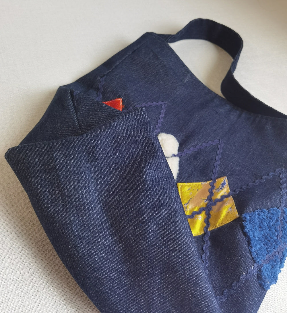 RS Enjoy Life Tote Shoulder Patchwork Embroidery Linen Jean Denim Leisure Casual Shopping Bag for Grocery Travel Beach Gift Handbag Handles with Floral Pattern(Embroidery Patchwork, Standard Size)