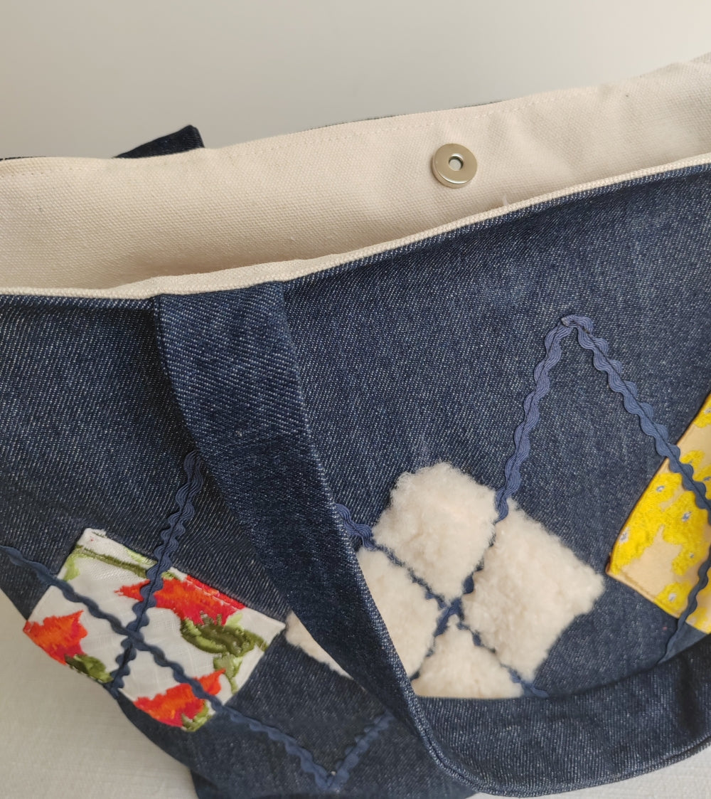 RS Enjoy Life Tote Shoulder Patchwork Embroidery Linen Jean Denim Leisure Casual Shopping Bag for Grocery Travel Beach Gift Handbag Handles with Floral Pattern(Embroidery Patchwork, Standard Size)