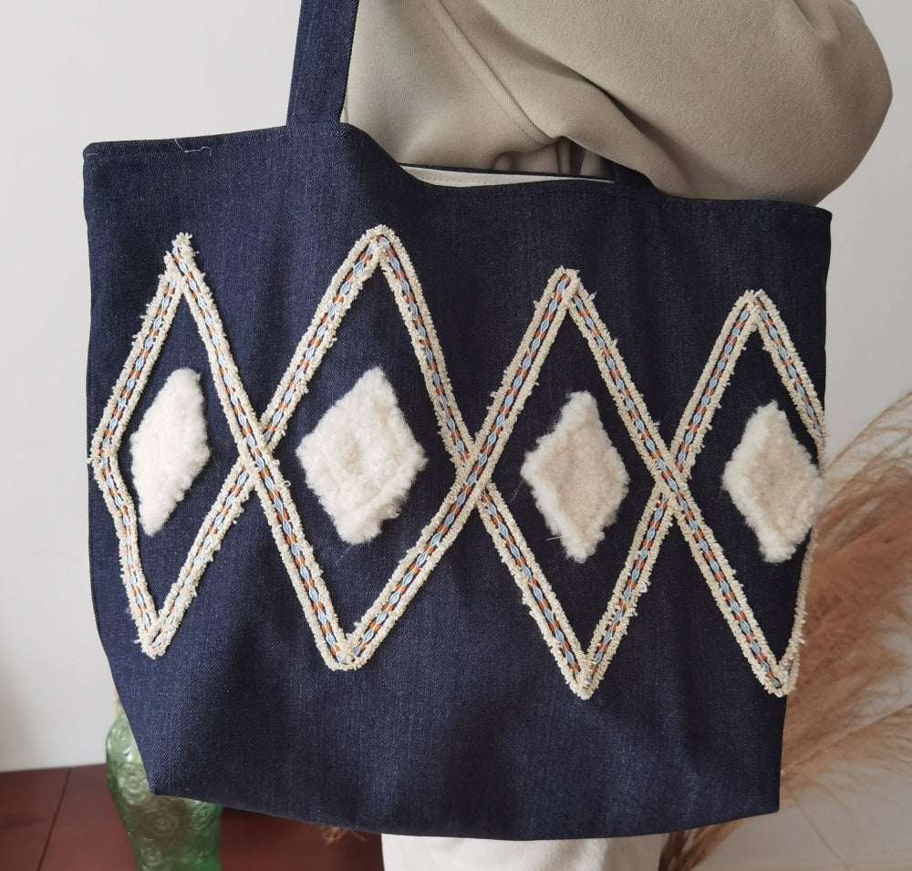 RS Enjoy Life Tote Shoulder Patchwork Embroidery Linen Jean Denim Casual Shopping Quality Bag for Grocery Travel Beach Gift (Concise Patchwork, Wider Size)